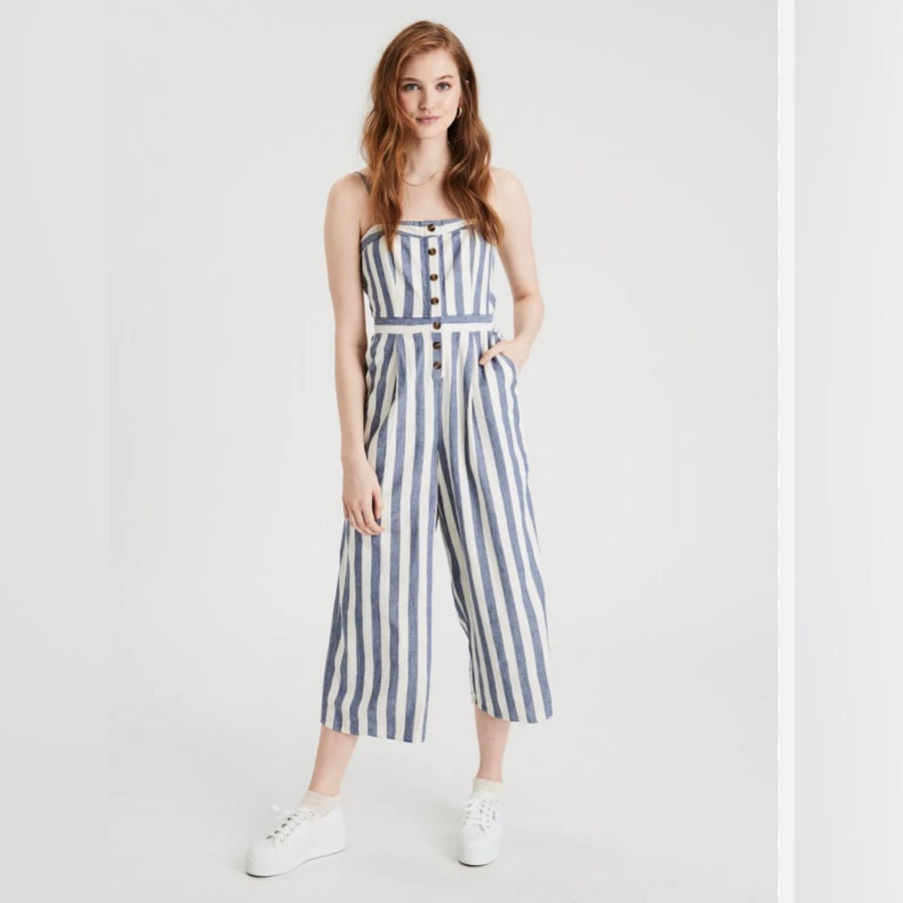 American Eagle Outfitters blue and white striped jumpsuit